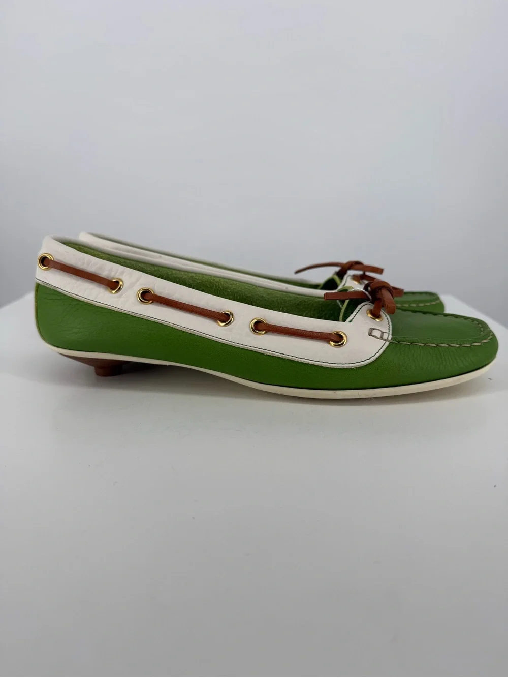 Coach Green and White Leather Boat Loafers with Tan Laces